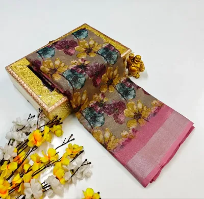 All-Over Floral Print with Leaf Motifs Soft Linen-Cotton Saree